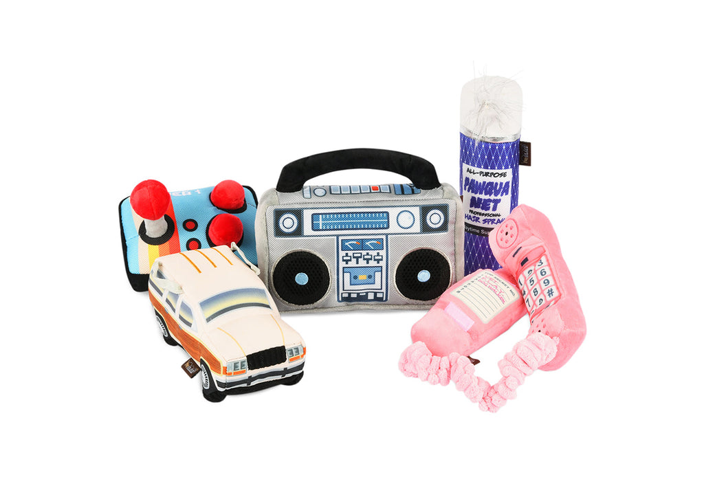80s classic dog plush toy, gift set, in white background, SKU PY7153AUF, Barcode 840279500555