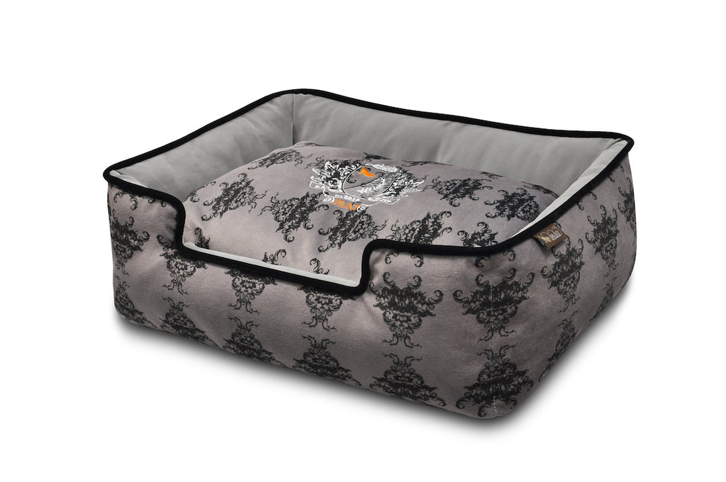 P.L.A.Y. Royal Crest Ivory Black bed, large size, Cool Gray lounge dog bed front view, on white background. SKU: PY3005ALF