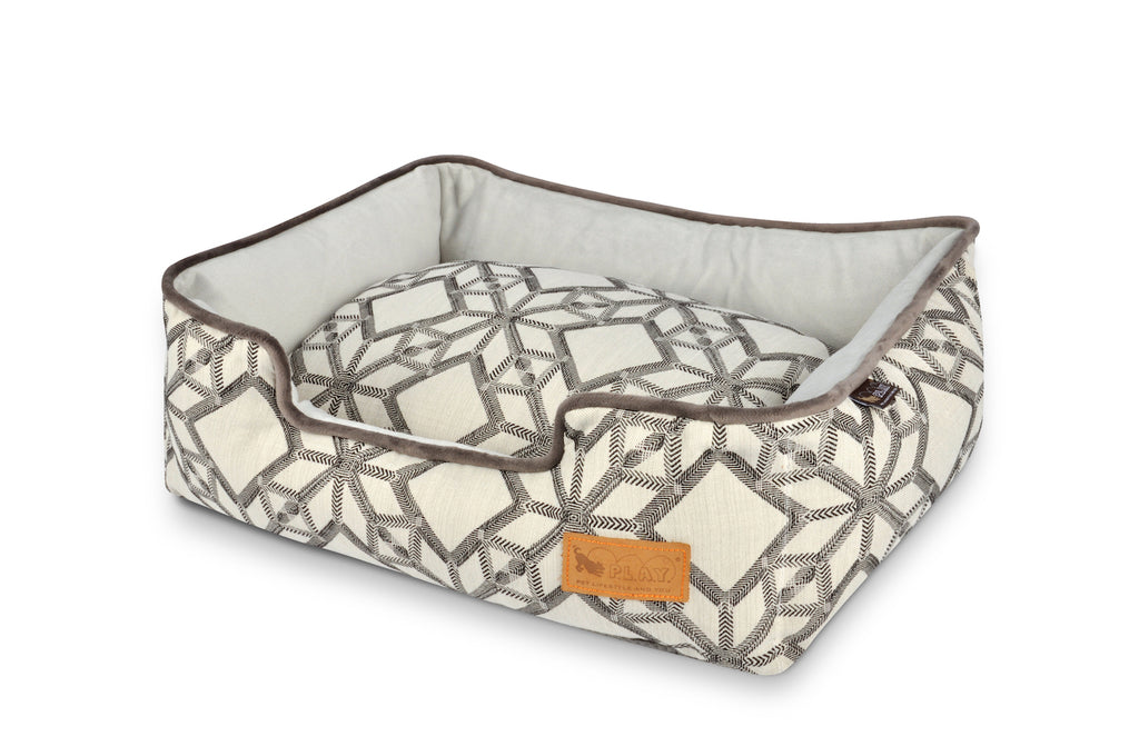 P.L.A.Y. Lounge Pet Bed, Solstice model, Snowy color pattern, beige and brown, top angle view, on white background, sku: PY3014xxx