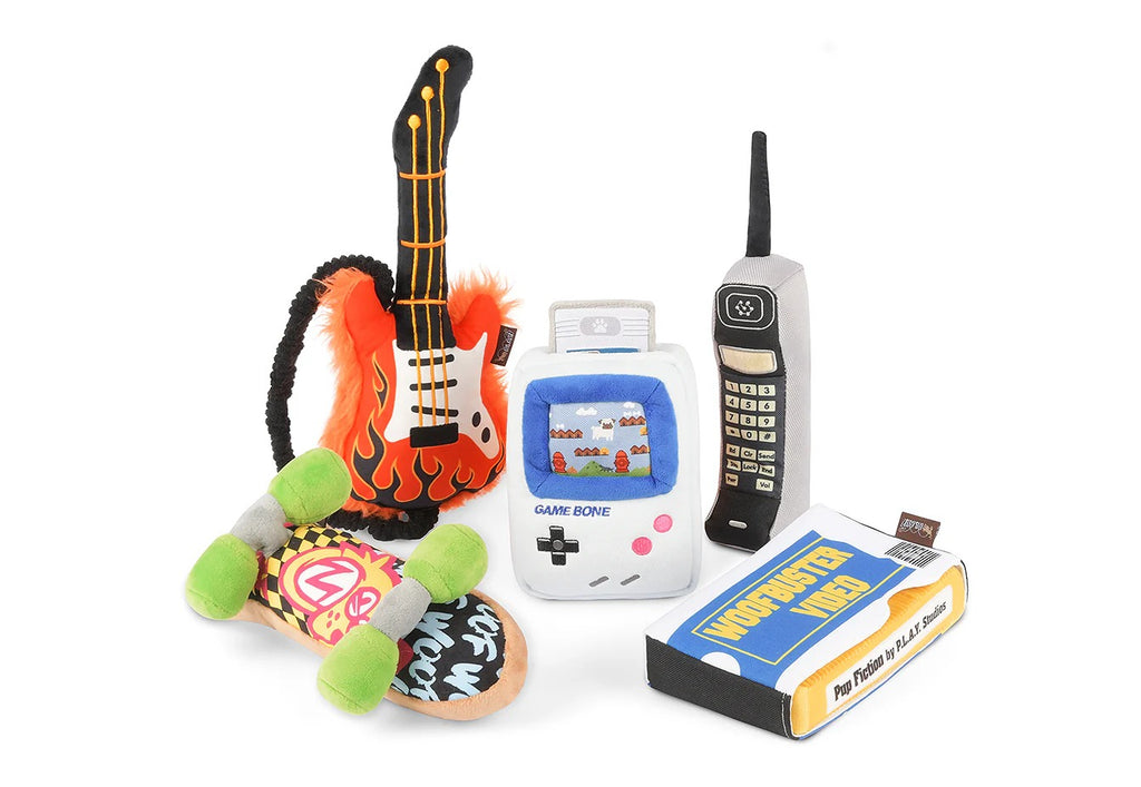 90s Classic Dog Plush Toy Set arranged on a white background, highlighting colorful retro-themed plush toys