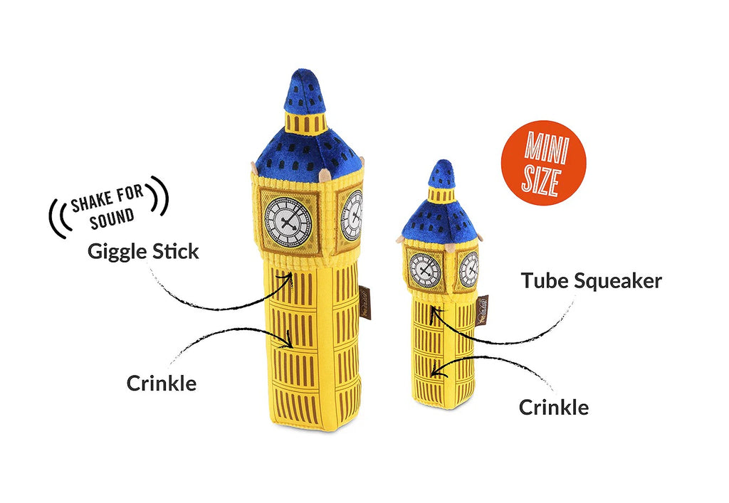 Dog plush toy from the Totally Touristy collection with Big Ben, shown on a white background with travel-themed infographic elements