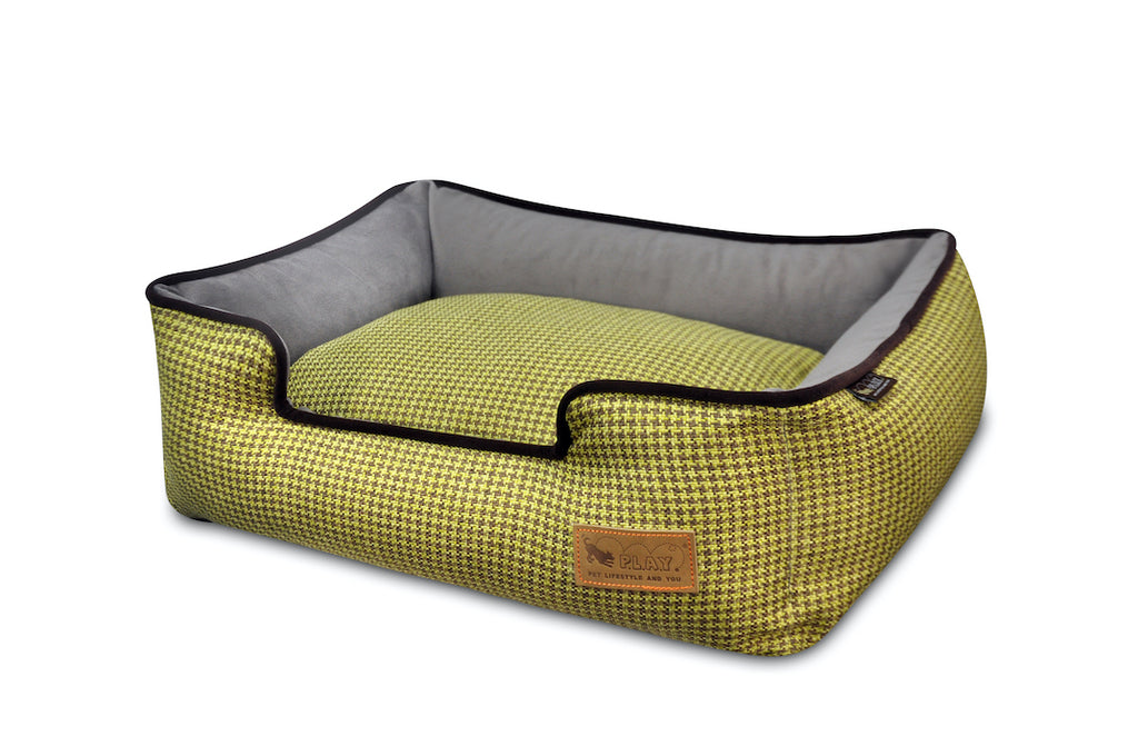 P.L.A.Y. Houndstooth Buttercup Yellow lounge bed angle top view on white background. SKU: PY3011AMF