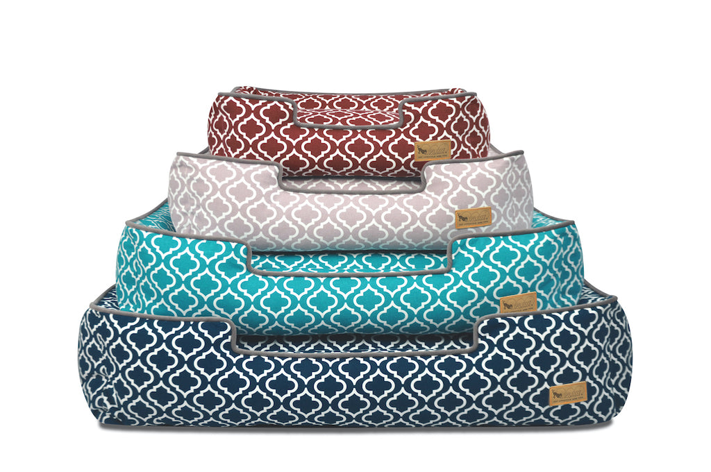 P.L.A.Y. Lounge Dog Bed, model Moroccan, presented in 4 mix colors: red - brown, green - blue,  navy blue, ash grey with hint of red