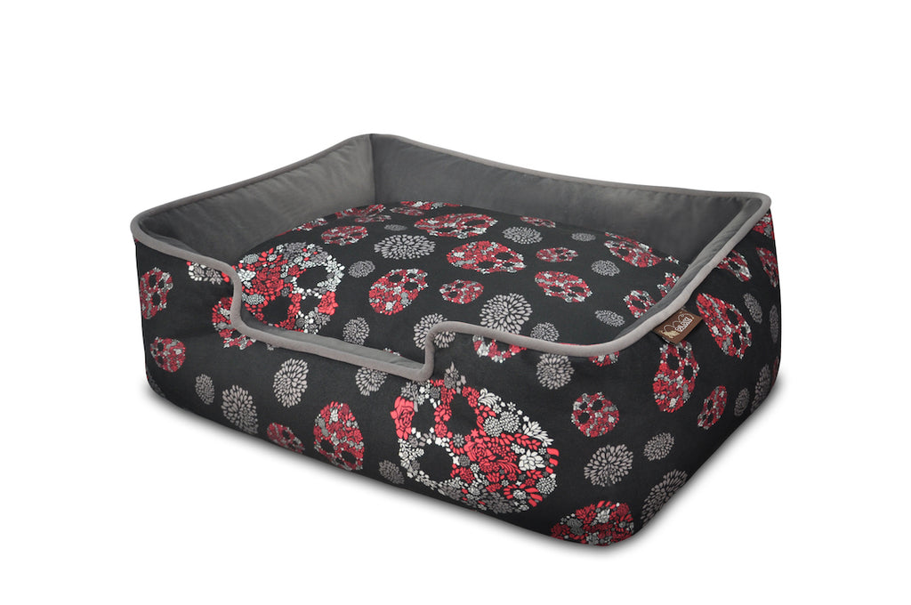 P.L.A.Y. Skulls and Roses Gunmetal Gray lounge dog bed angle top view, on white background