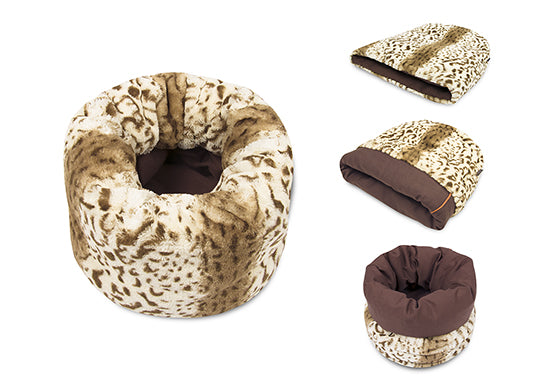 P.L.A.Y. Snuggle Bed, four shapes / ways to be used: flat, cup, cave and pod, Leopard Brown color