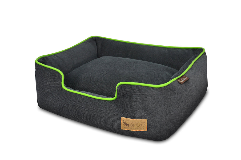 P.L.A.Y. Urban Plush Slate Gray, Lime lounge bed for dogs, top angle view, on white background