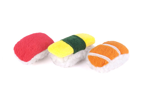 P.L.A.Y. Feline Frenzy Catnip Toy-Sassy Sushi, SKU: PY7072ASF, sashimi salmon, tuna and nigiri, on white background